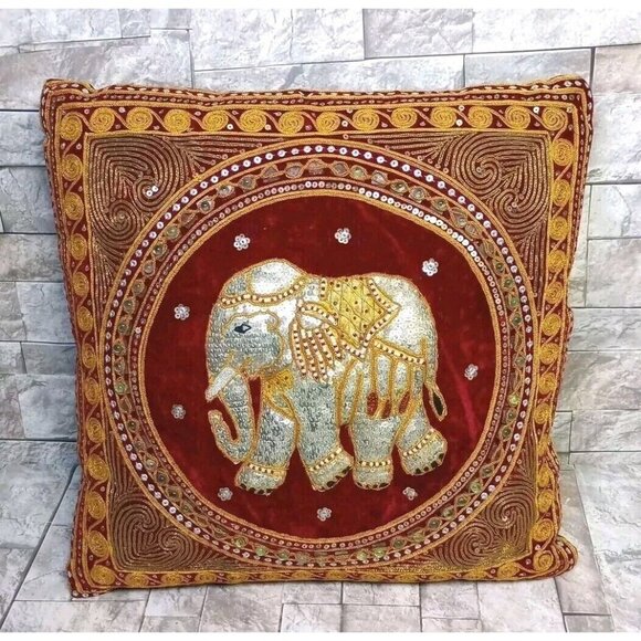 Unbranded Other - Ornate Thai Elephant Tapestry Accent Throw Pillow Embroidered Sequined